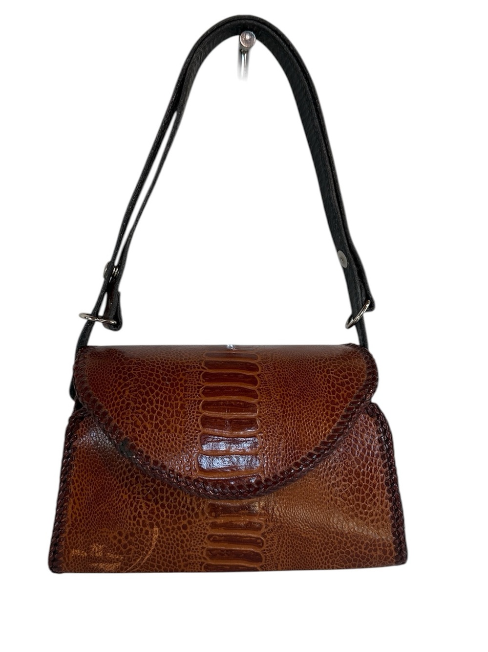 Leather Vintage Faux Alligator Shoulder Bag Cognac Brown w Silver-tone Hardware